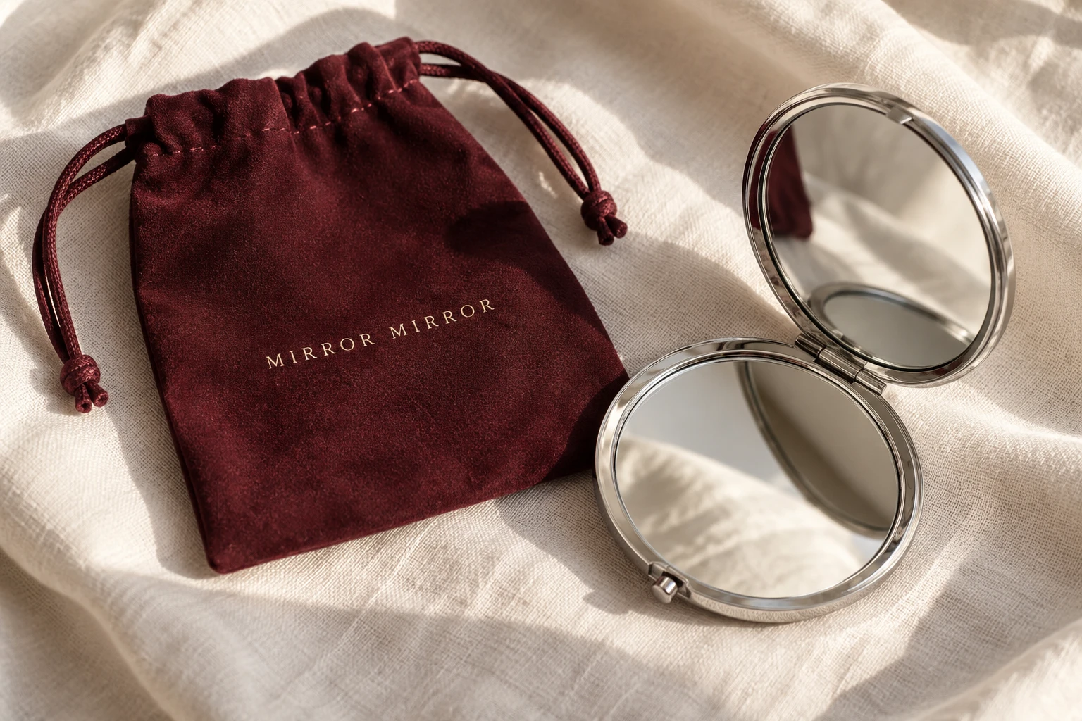 Chrome compact mirror and branded wine suede pouch