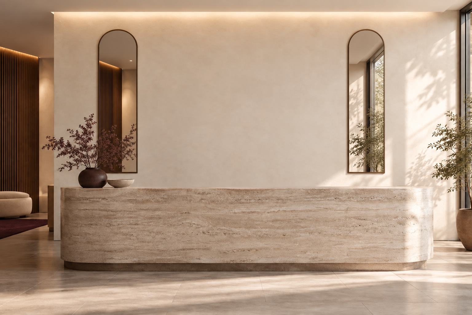 Conceptual warm plaster reception with travertine desk and two bronze arched mirrors