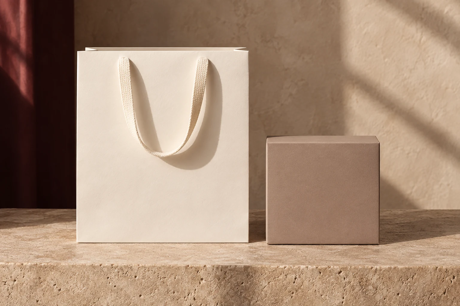 Conceptual ivory carry bag and taupe carton on a warm stone plinth