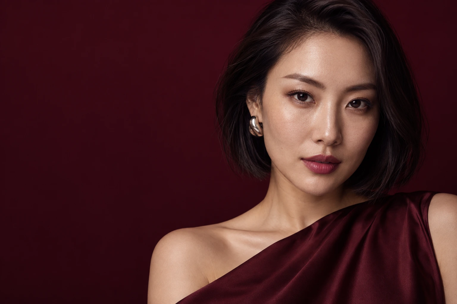 Editorial beauty portrait with a dark bob, sculptural silver earring and wine silk