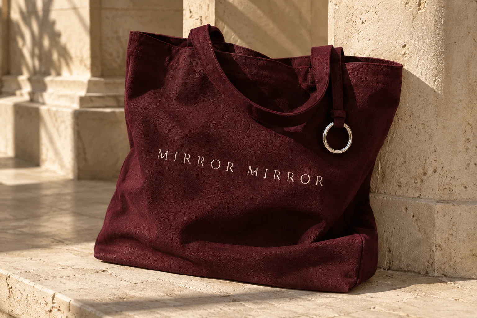 A deep wine Mirror Mirror tote in sunlit stone architecture